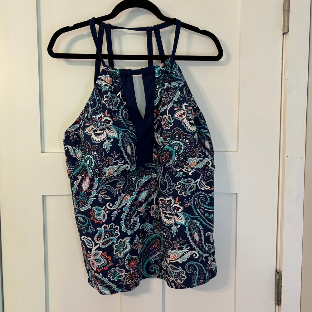 South Point Navy Paisley Floral Tankini Top 22W High Neck Halter Boho Swimwear